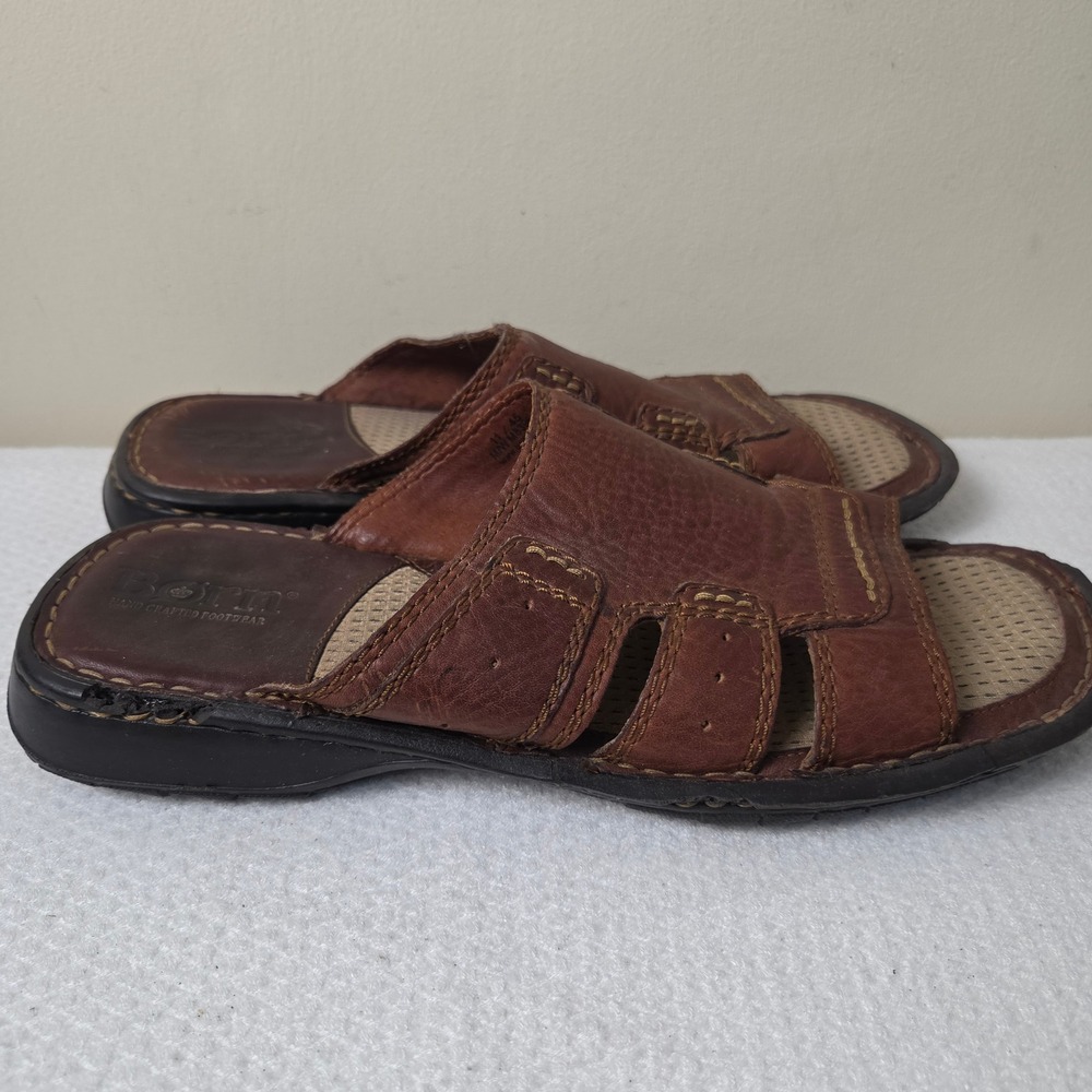 Born Mens Brown Leather Slide Sandals M8396 CQL9 Size 11 EU 45 Hand Crafted